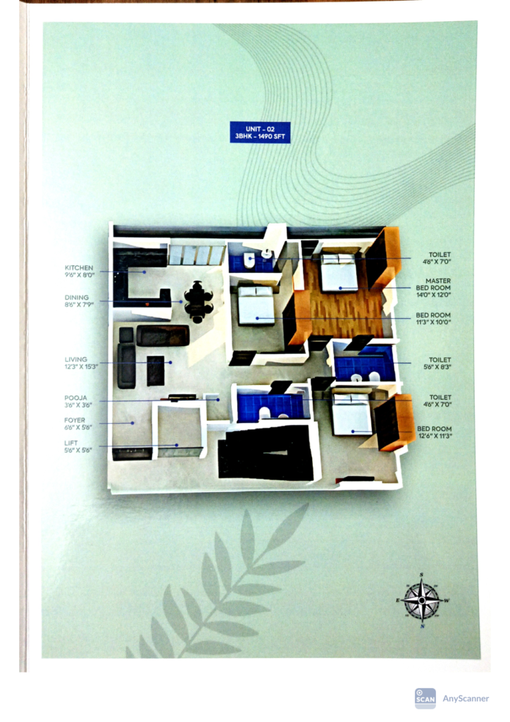 Bhumika Prestige 3 BHK Floor Plan 1490 Sq Ft