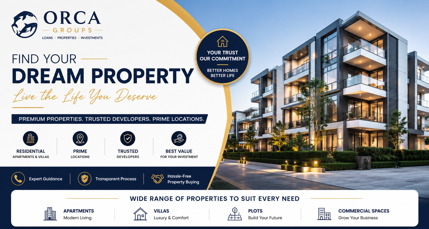 Premium properties for sale including apartments, villas, residential plots, luxury homes, and investment properties offered by Orca Groups.